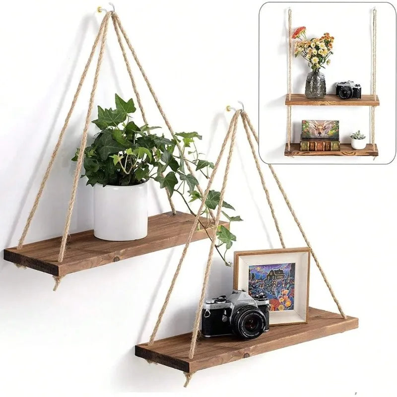 Wooden Hanging Wall Shelf with Ropes