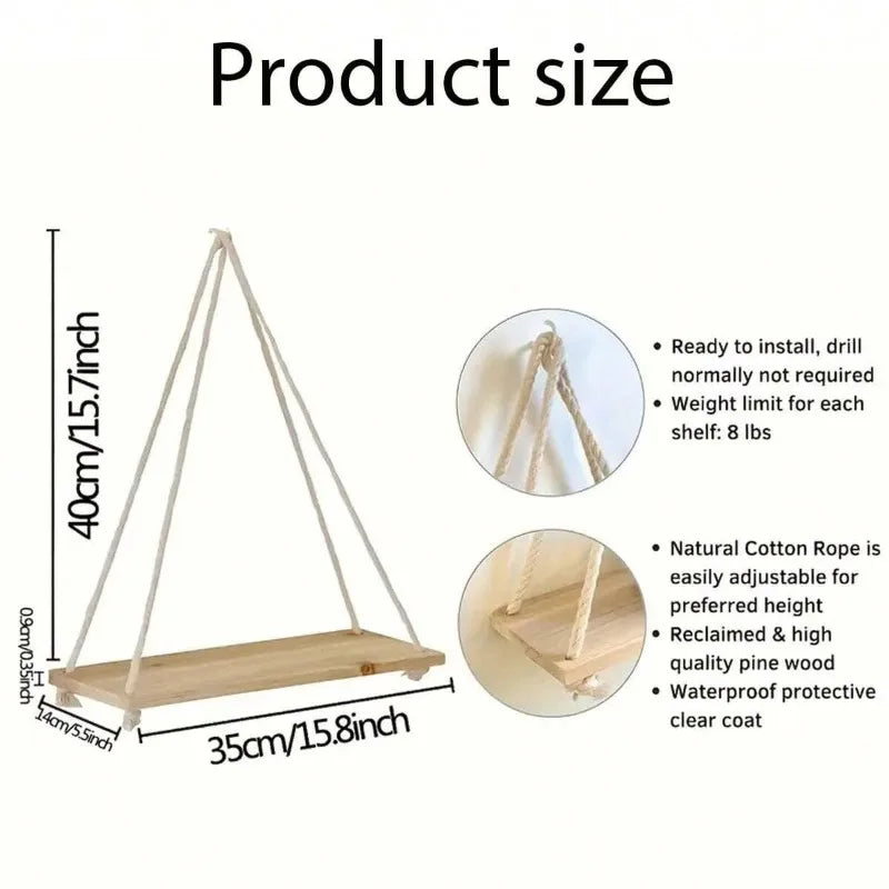 Wooden Hanging Wall Shelf with Ropes