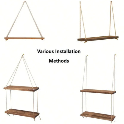 Wooden Hanging Wall Shelf with Ropes